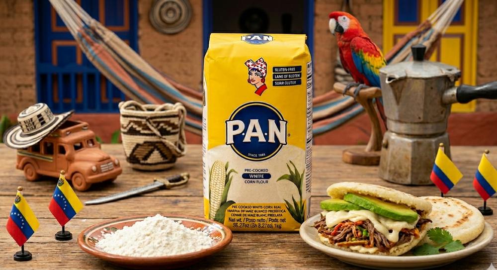 PAN pre-cooked corn flour pack with a filled arepa, Venezuelan flags and Latin decor