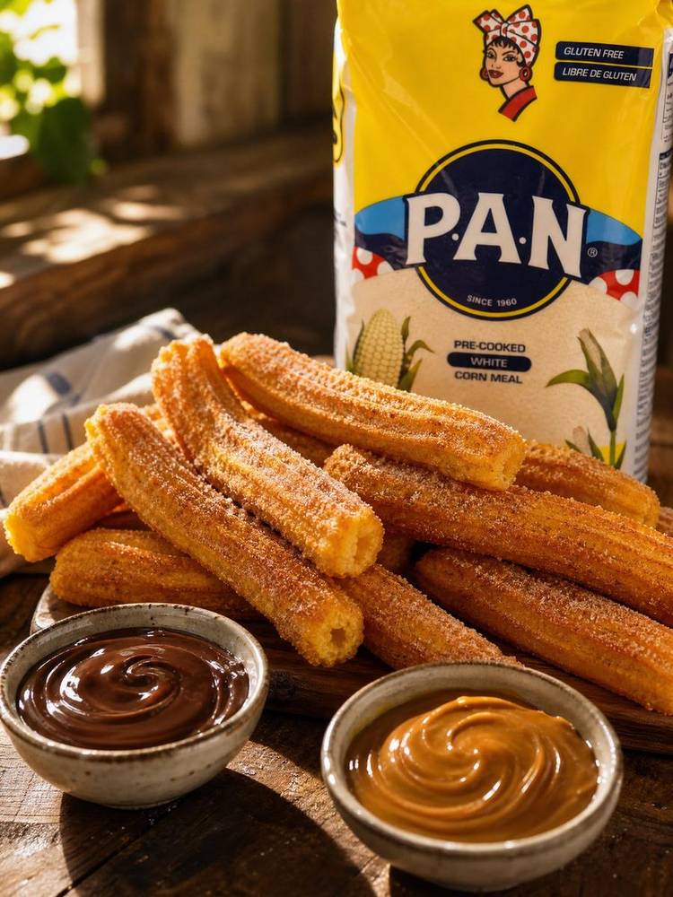 Gluten free corn churros with PAN flour and dips